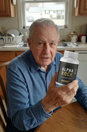 An adult man in a relaxed everyday setting holding the Alpha Rock supplement