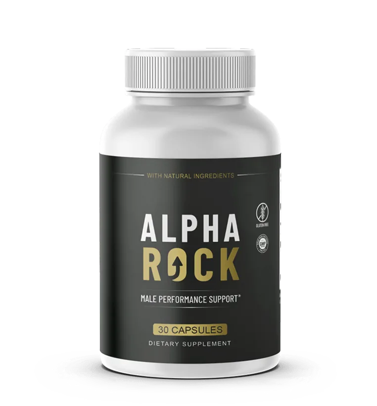Alpha Rock male performance support dietary supplement bottle, 30 capsules